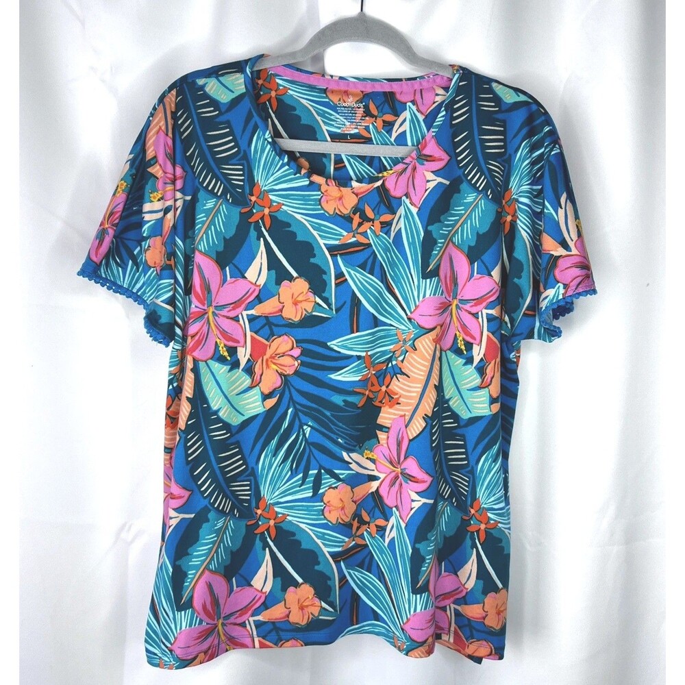 Cuddl Duds Women’s Tropical Floral Lounge Pajama Round Neck Top Tee Size Large - Picture 3 of 16